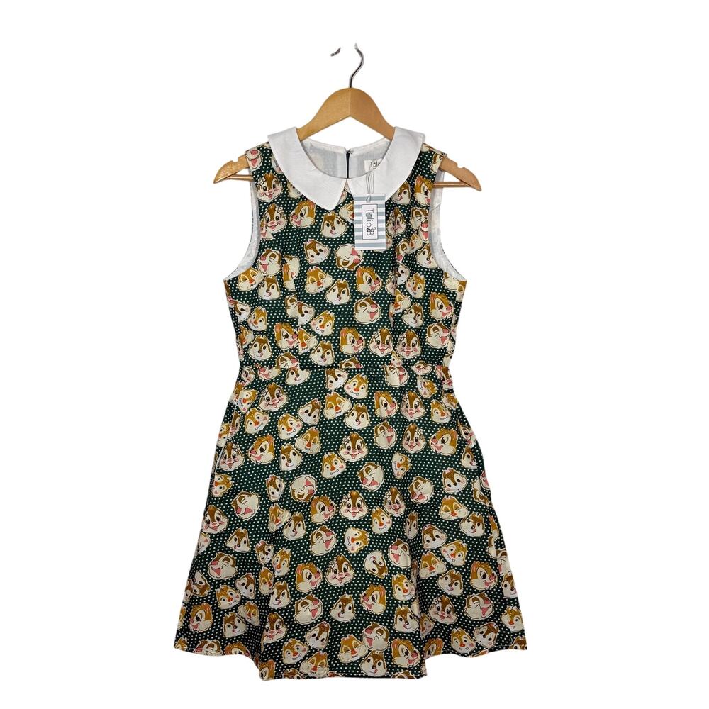 Tulip B Mini Skater Dress NWT Womens Size Small Green Squirrel Polka Dot Summer